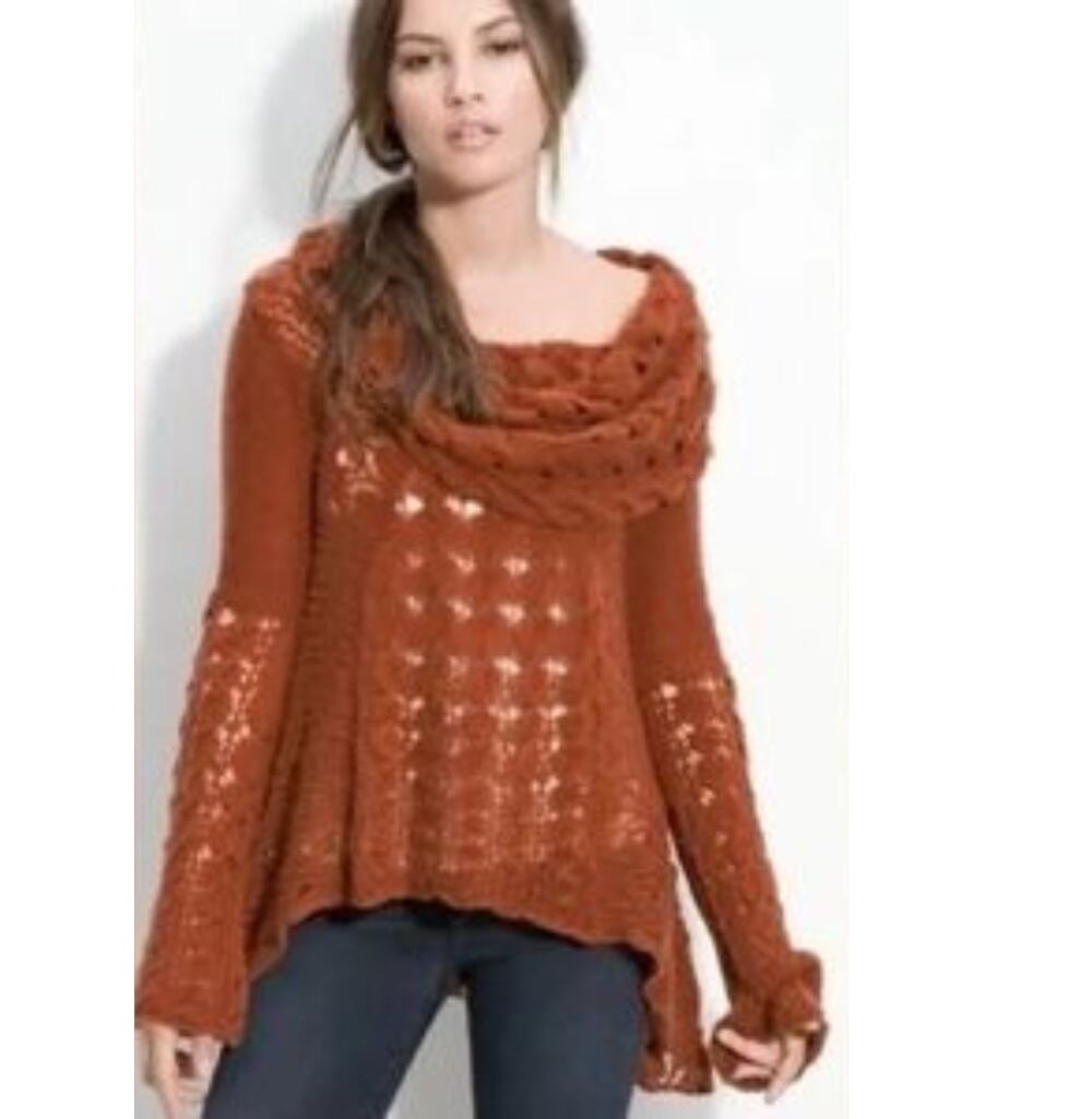 Free People Snuggle Bear Sweater Womens Large Rust Cowl Neck Wool Boho ASOT